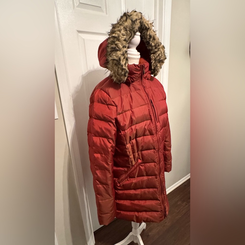 Lands End, Women's Rust/burnt orange Puffer Jacket with removable Faux Fur Hood